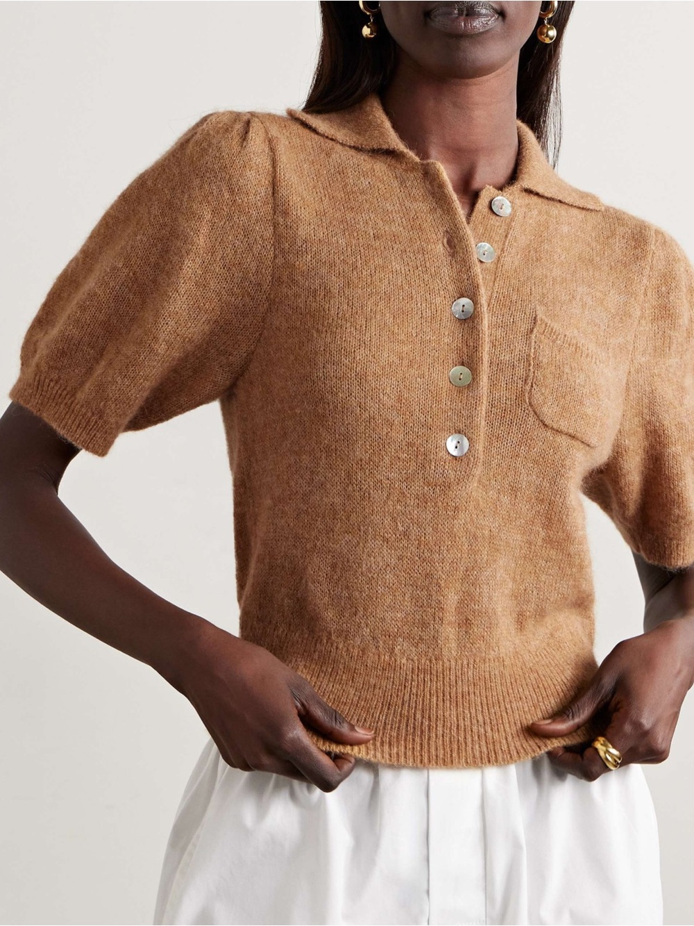Doen Mila Cropped Short Sleeve Alpaca Blend Tan Sweater Size Large